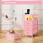 Yoobure End Table with Charging Station, Pink Narrow Nightstand LED Bedside Table, Small Night Stand End Tables Living Room, Skinny Nightstand with 3 Fabric Drawers, Side Table for Small Spaces
