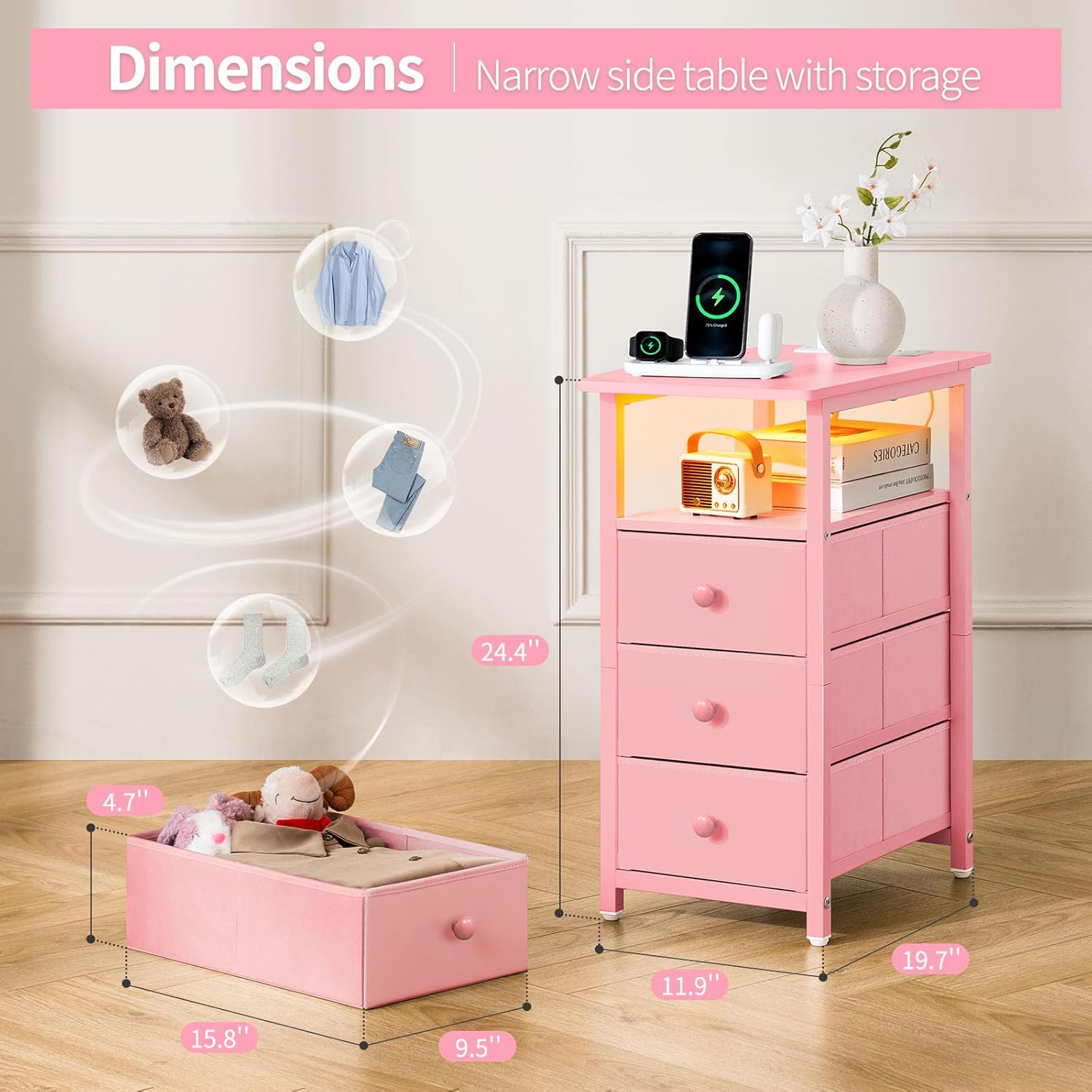 Yoobure End Table with Charging Station, Pink Narrow Nightstand LED Bedside Table, Small Night Stand End Tables Living Room, Skinny Nightstand with 3 Fabric Drawers, Side Table for Small Spaces