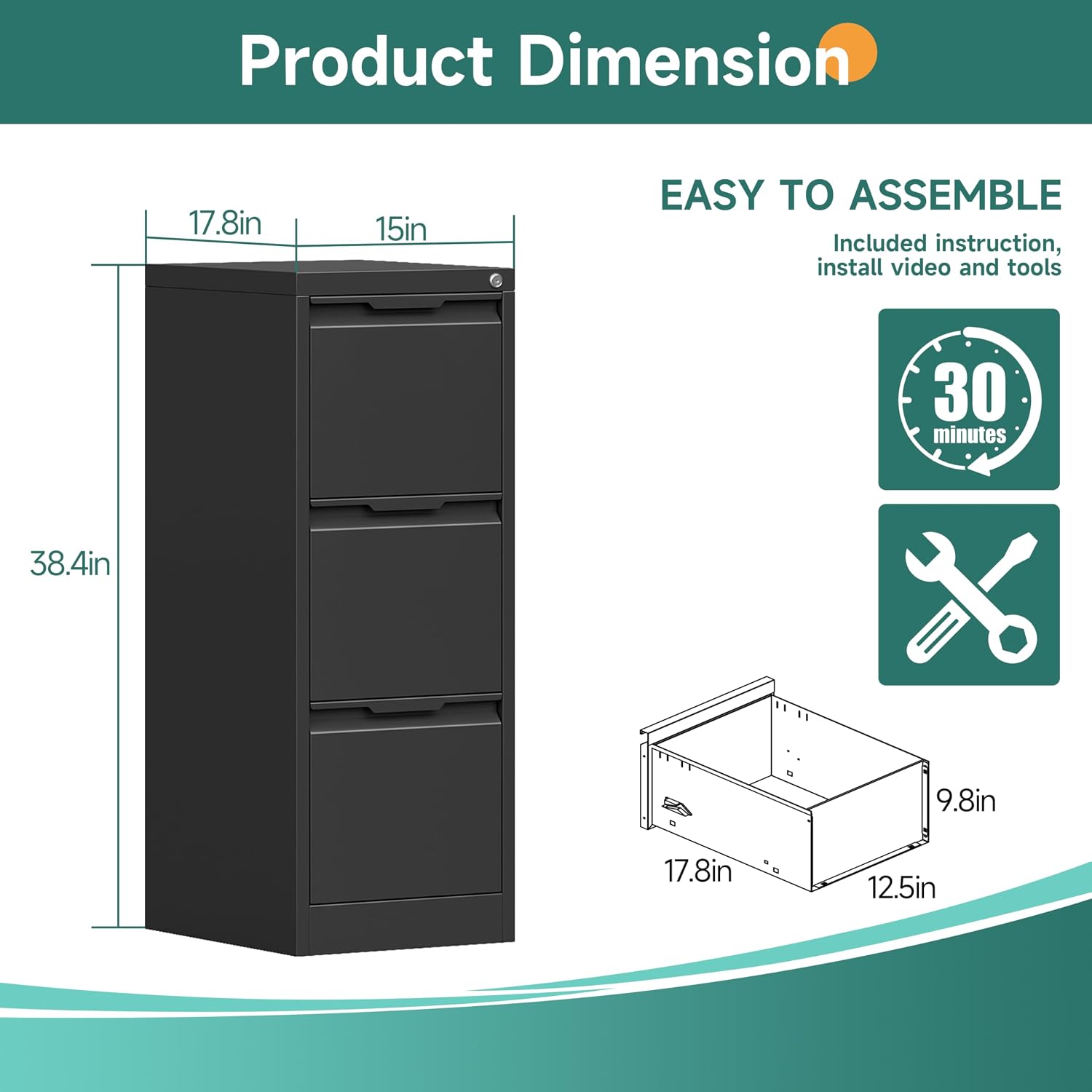 3 Drawer Metal Vertical File Cabinet with Lock for Home Office | 17.8"D x 15"W x 38.4"H,Small Under Desk Cabinet,Adjustable Hanging Bar,Fits 4A/Legal/Letter Size File,Easy Assembly,Black