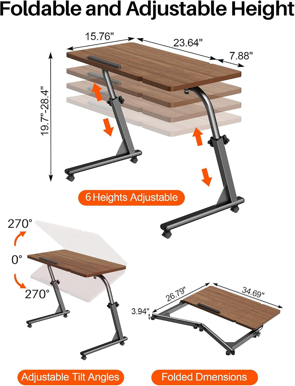 TV Tray Table with Wheels, Height Adjustable Folding Laptop Desk for Sofa | TV Dinner Trays for Eating on Couch, Mobile Sofa Side Table with Tilt Top, Portable Snack Desk for Couch, Bed and Recliner