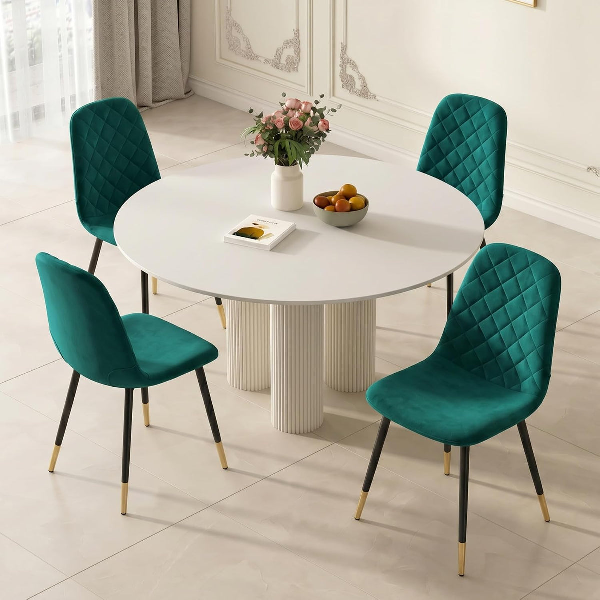 Velvet Green Dining Chairs Set of 4 - Upholstered Kitchen & Dining Room Chairs with Metal Legs, Mid-Century Modern Chairs for Living Room Dining Room Kitchen Bedroom