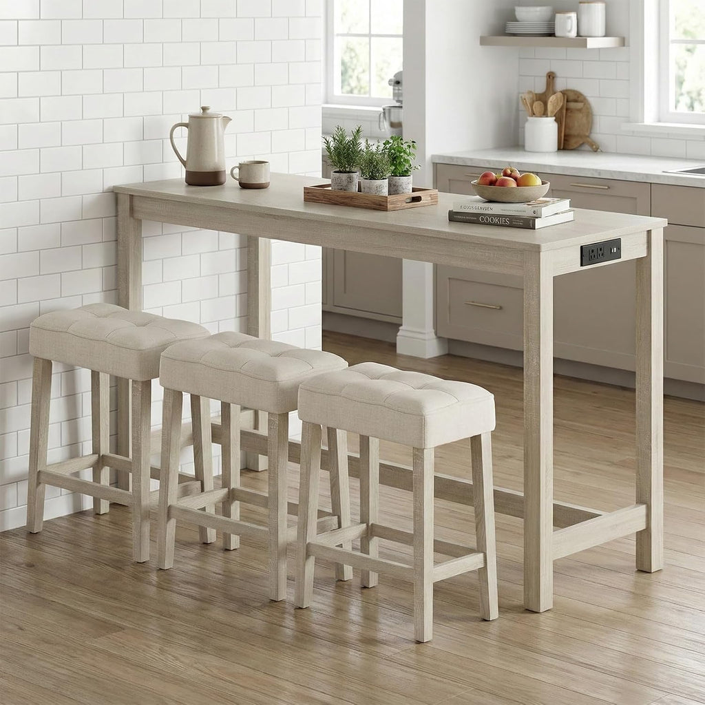 COSTWAY 4-Piece Breakfast Nook Bar Set with Built-in Charging Station | Counter Height Table with 3 Stools, Farmhouse Dining Room Table & Chairs with Wooden Frame & Cushioned Seat for Kitchen, Gray