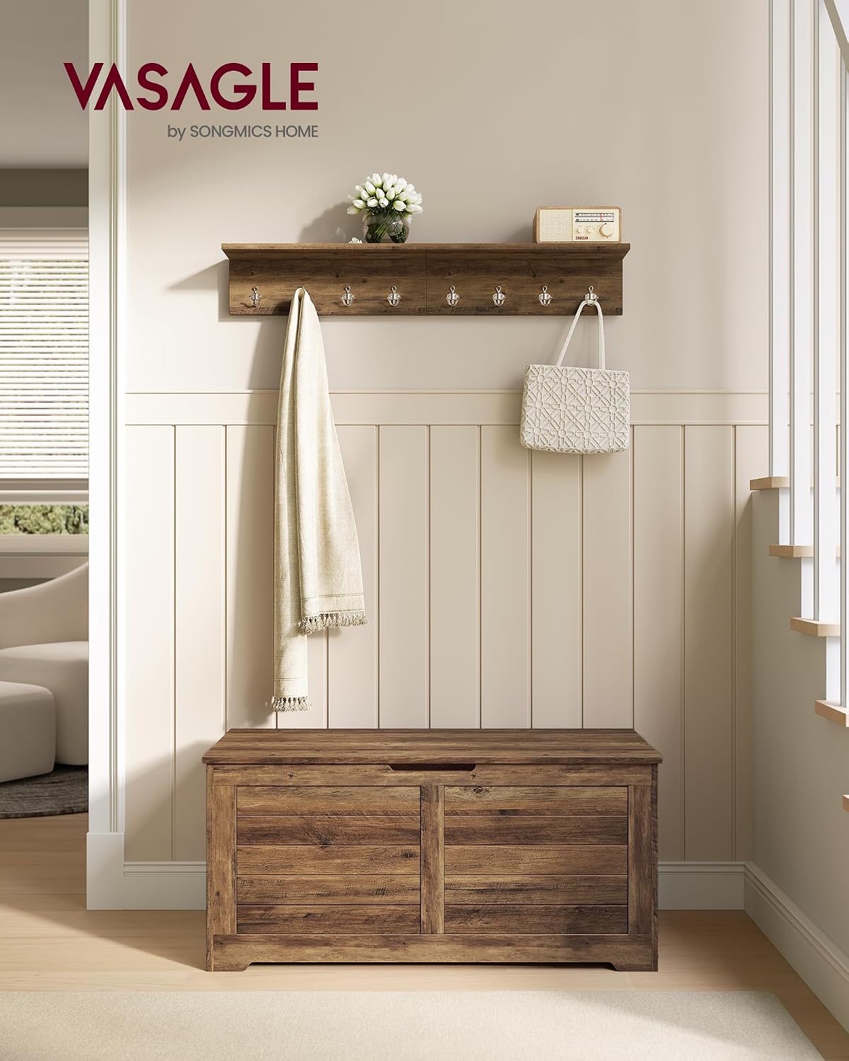 VASAGLE Storage Chest, 39.4 Inches Width Bench with 2 Safety Hinges | Farmhouse Style, for Entryway, Bedroom, Living Room, Honey Brown, SOFIE Collection ULSB061K01