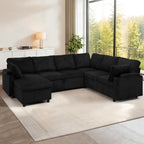 110” Corduroy Sectional Sofa w/Pull Out Bed & Storage Chaise, Reversible U Shaped Sofa w/Storage Armrests & Cup Holders, Corner Couch w/USB Charging Port & Throw Pillow for Living Room, Black