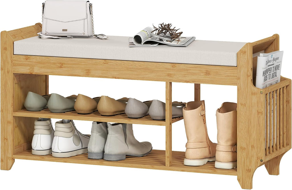 HOMCOM Shoe Bench with Cushioned Seat, 2-Tier Entryway Bench with Side Umbrella Holder, 39.4" in Natural Bamboo Shoe Rack for Hallway, Living Room, Natural and Cream