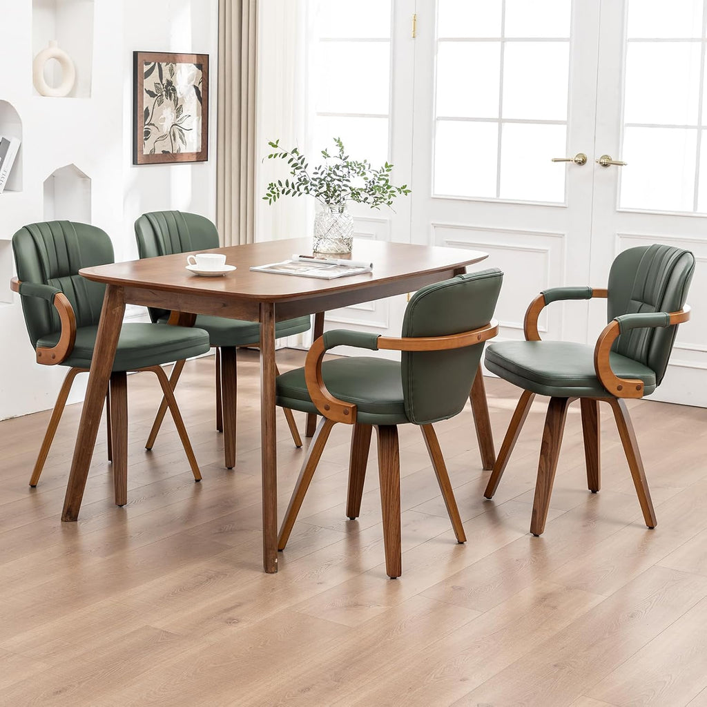 Swivel Dining Chairs Set of 4 Mid Century Modern Green Faux Leather Upholstered Kitchen Chairs with Bentwood Frame Armrests Side Chairs,Comfortable Ergonomic Wood Accent Chair No Wheels