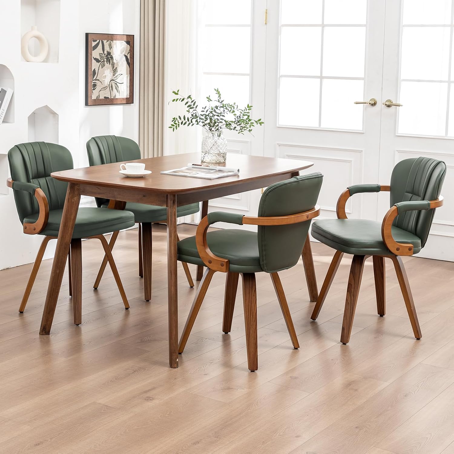 Swivel Dining Chairs Set of 4 Mid Century Modern Green Faux Leather Upholstered Kitchen Chairs with Bentwood Frame Armrests Side Chairs,Comfortable Ergonomic Wood Accent Chair No Wheels