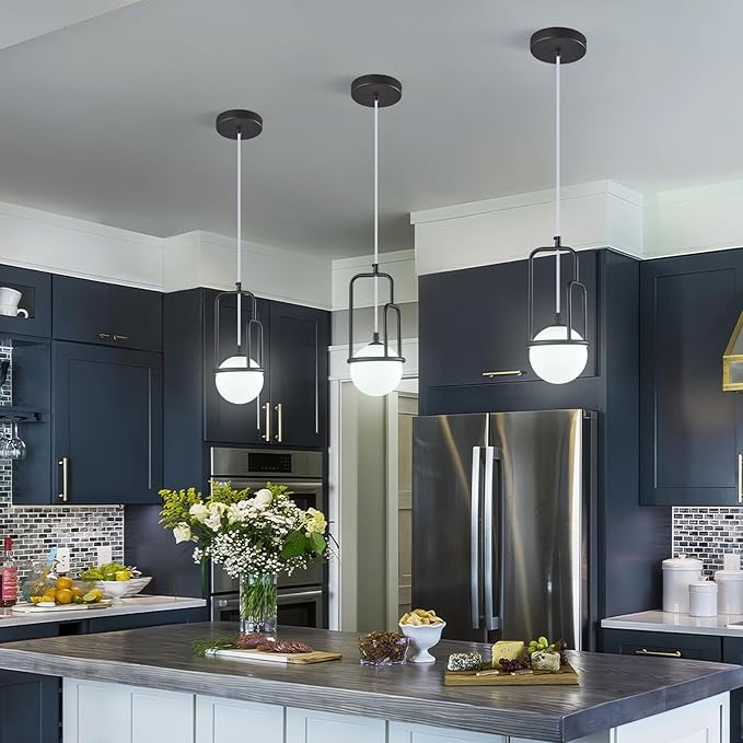 5 Inch Modern Black Pendant Light Globe Pendant Light Fixture Mid Century Pendant Lighting for Kitchen Island Dining Room Living Room Bedroom(3 Pack)