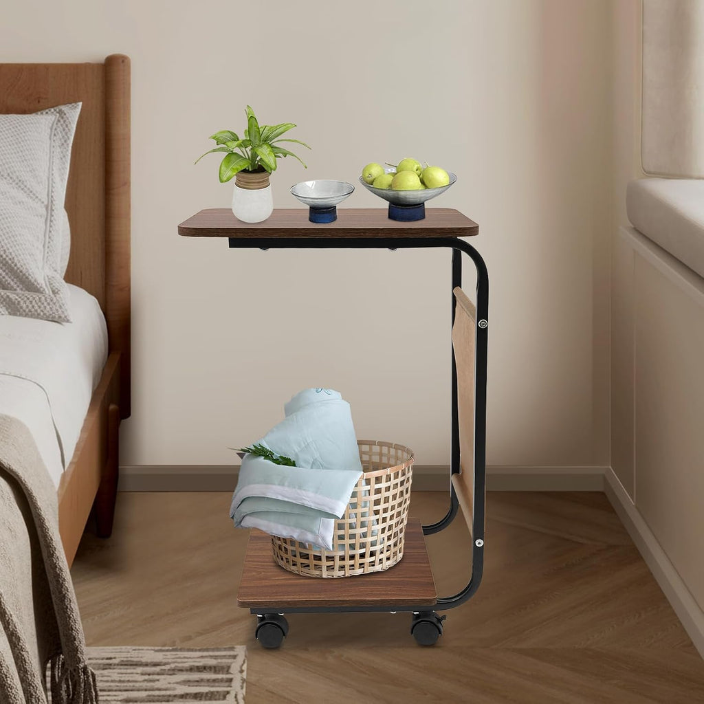 Rolling Side Table, C Shaped Side Table Wooden Couch Side Table with Wheels&Mobile Storage Basket Modern Couch Tables That Slide Under for Living Room Bedroom (Black Stand + Brown Desktop)
