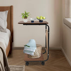 Rolling Side Table, C Shaped Side Table Wooden Couch Side Table with Wheels&Mobile Storage Basket Modern Couch Tables That Slide Under for Living Room Bedroom (Black Stand + Brown Desktop)