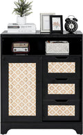 ALBAD Boho Chic Rattan Sideboard Buffet Cabinet with Sliding Doors & Drawers, Farmhouse Credenza Coffee Bar Storage Console Table for Kitchen, Living Room, Entryway, Dining Room (Black)