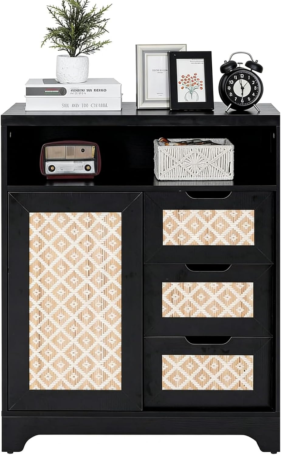 ALBAD Boho Chic Rattan Sideboard Buffet Cabinet with Sliding Doors & Drawers, Farmhouse Credenza Coffee Bar Storage Console Table for Kitchen, Living Room, Entryway, Dining Room (Black)