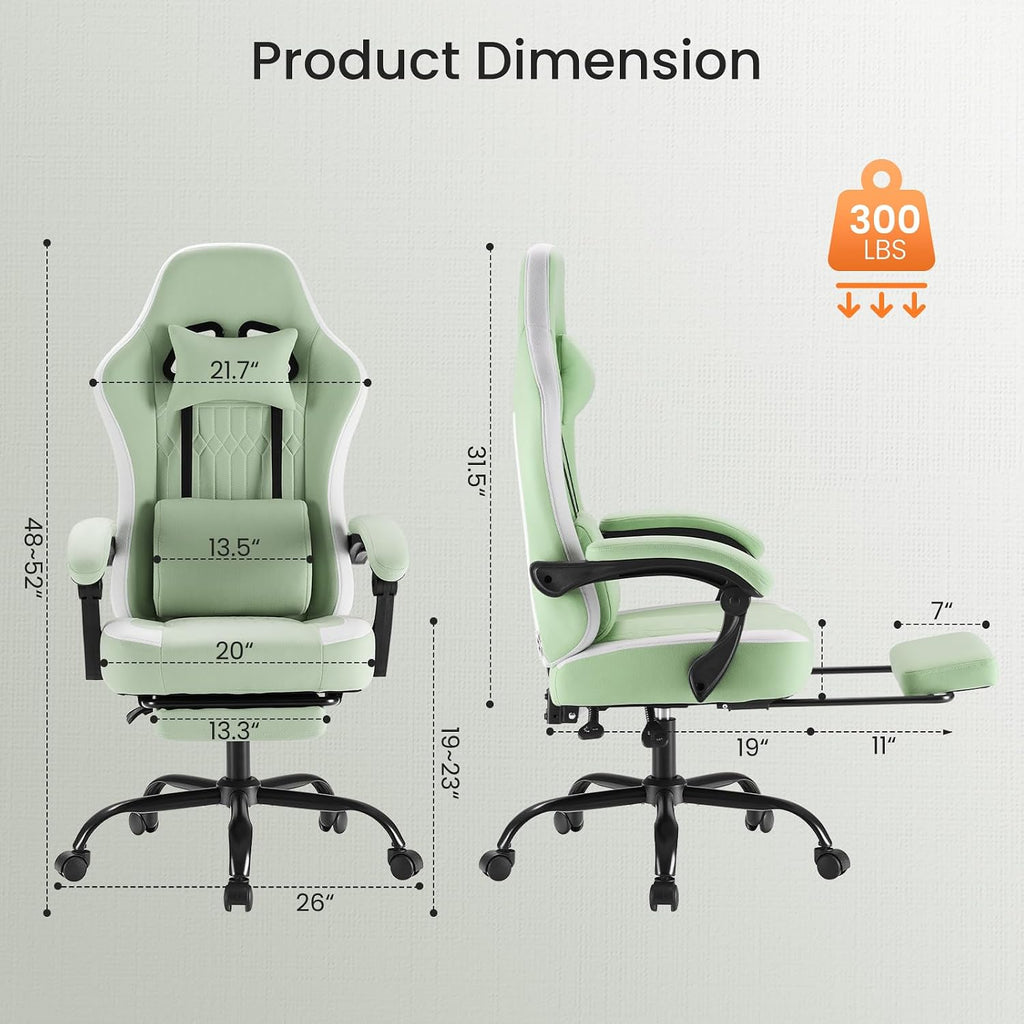 Sweetcrispy Gaming Chair, Ergonomic Computer Desk Chair, Lumbar Support | High Back Ergonomic Footrest, Height Adjustable Linkage Armrests Headrest, 360 Swivel Wheels Fabric, Green