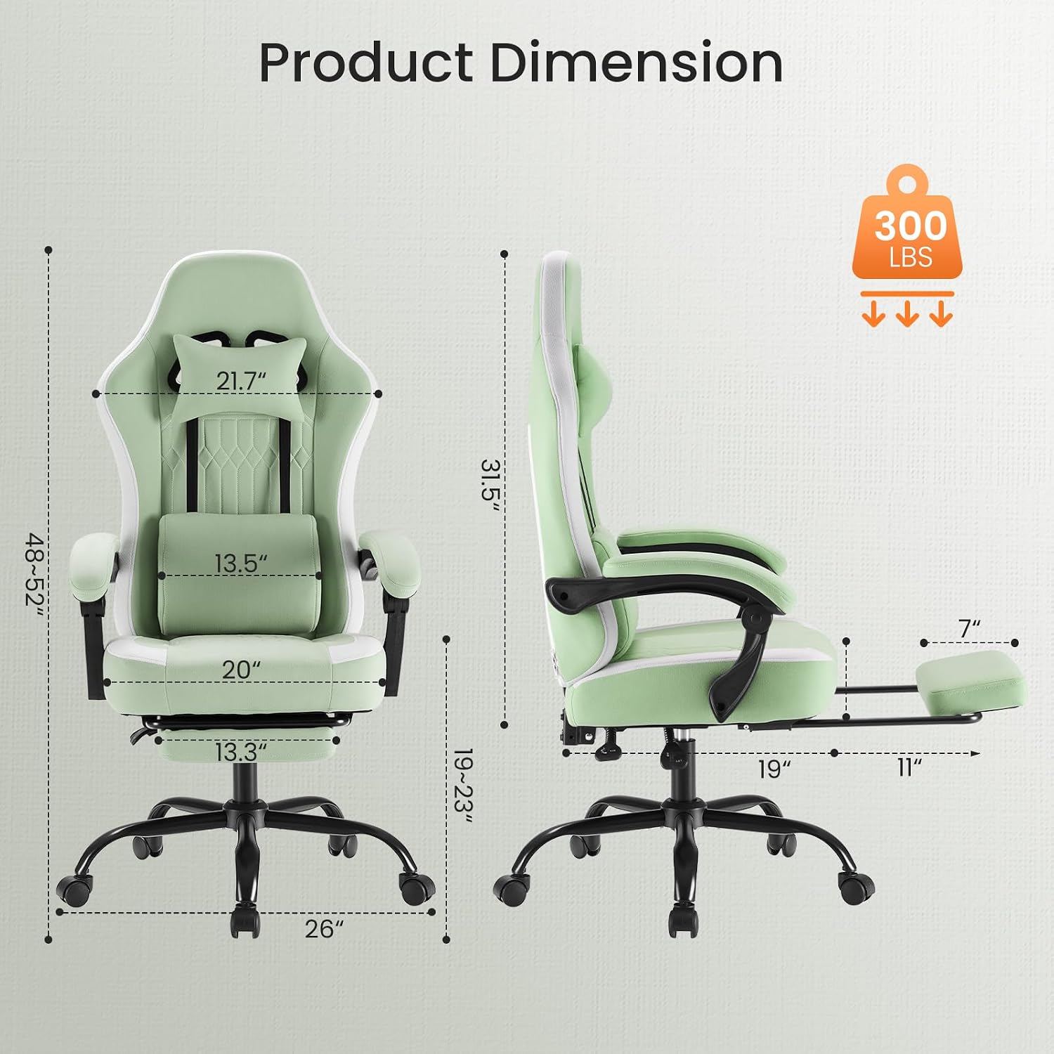 Sweetcrispy Gaming Chair, Ergonomic Computer Desk Chair, Lumbar Support | High Back Ergonomic Footrest, Height Adjustable Linkage Armrests Headrest, 360 Swivel Wheels Fabric, Green