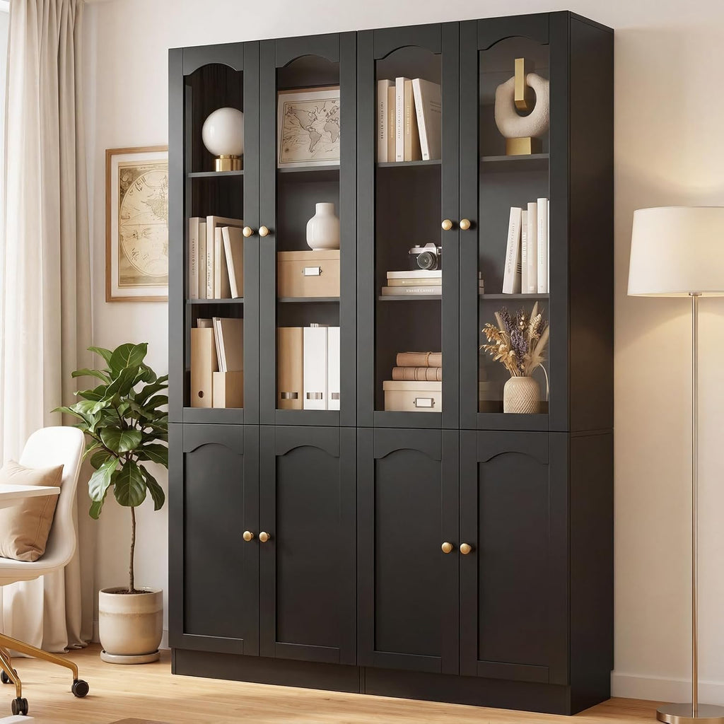Cyclysio 80" Tall Pantry Cabinet with 8 Doors, Black Kitchen Pantry Storage Cabinet with Built-in Baseboard Notch & Adjustable Shelves – Kitchen Storage Cabinet for Dining, Living Room, Office