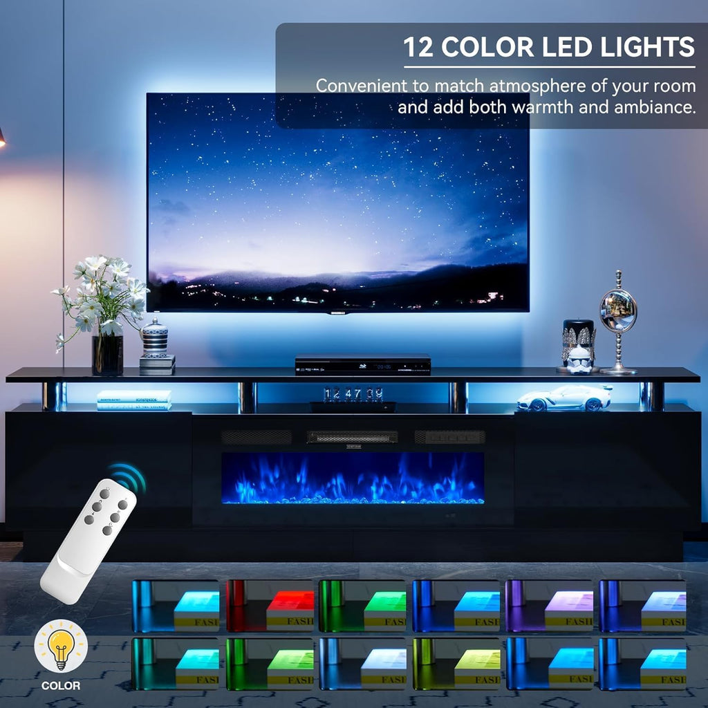 80" Fireplace TV Stand, 2-Tier LED Entertainment Center with 36" Fireplace, Fits TVs up to 90", Modern High Gloss TV Console with LED Lights & Storage Cabinets for Living Room, Black + Black