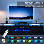 80" Fireplace TV Stand, 2-Tier LED Entertainment Center with 36" Fireplace, Fits TVs up to 90", Modern High Gloss TV Console with LED Lights & Storage Cabinets for Living Room, Black + Black