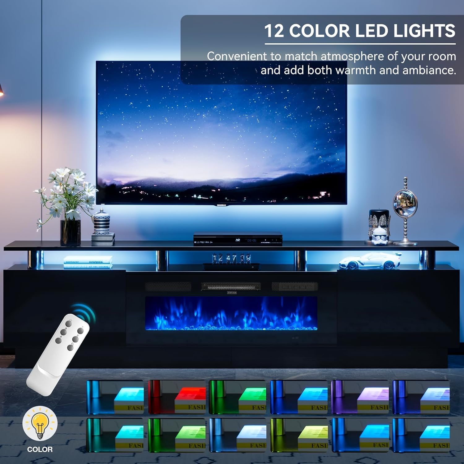 80" Fireplace TV Stand, 2-Tier LED Entertainment Center with 36" Fireplace, Fits TVs up to 90", Modern High Gloss TV Console with LED Lights & Storage Cabinets for Living Room, Black + Black