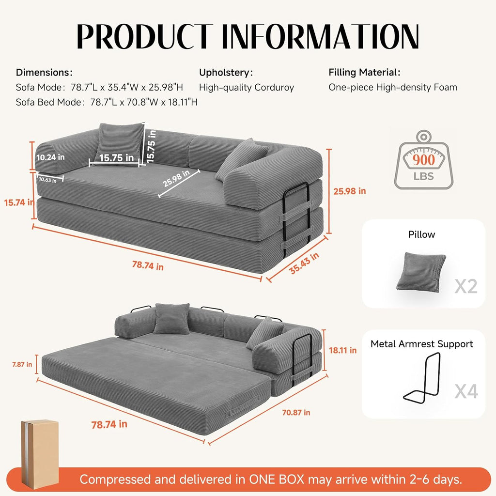 79'' Convertible Sofa Bed, Couch-in-a-Box, Corduroy Floor Futon Loveseat Sleeper, 26'' Deep Seat, Removable Machine-Wash Covers, No Assembly, 2 Pillows, Light Grey