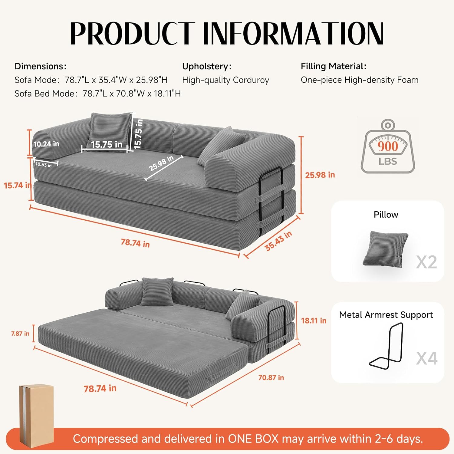 79'' Convertible Sofa Bed, Couch-in-a-Box, Corduroy Floor Futon Loveseat Sleeper, 26'' Deep Seat, Removable Machine-Wash Covers, No Assembly, 2 Pillows, Light Grey
