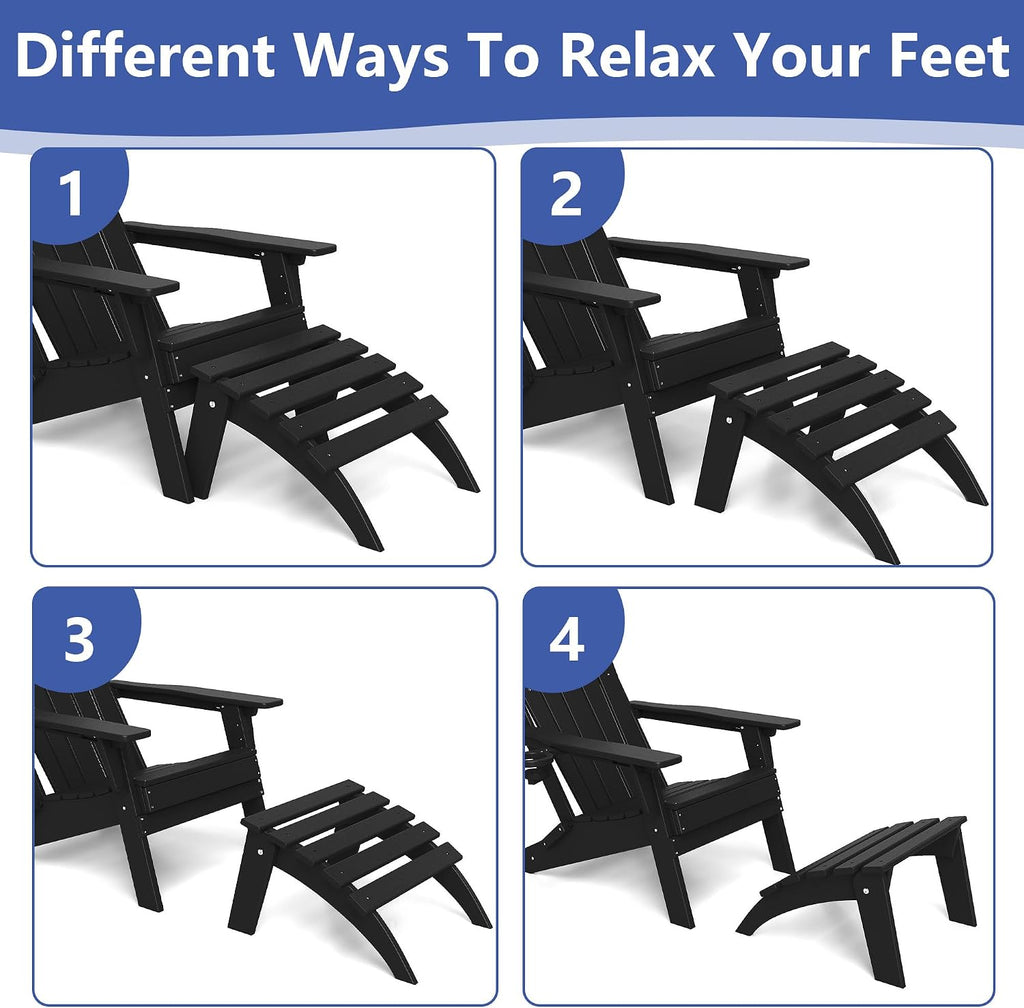 FOOWIN Folding Adirondack Ottoman Set of 4, HDPE All Weather Adirondack Footrests, Ottoman for Adirondack Chair,Patio Footstool for Outside Easy Storage,for Patio, Backyard, Porch, Garden, Black