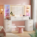 Big Vanity Desk, Fluted Makeup Vanity with Mirror Lights, Dressing Table | Large, Charging Station, Sound Sync Chasing LED Lights, Wood Vanities, Luxury Glass Cabinets, 8 Drawers, Girls, Women