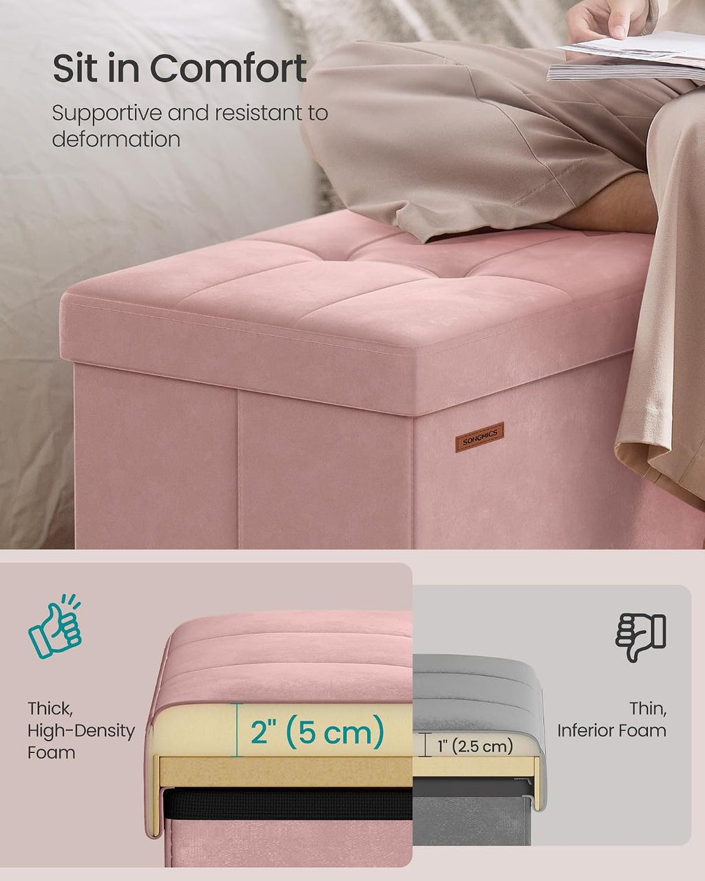 SONGMICS Foldable Storage Ottoman with Flipping Lid, 43.3 Inch Velvet Bench | Coffee Table, Folding Storage Bench for Bedroom, Entryway Shoe Bench, Jelly Pink, MINOTA Collection ULSF078SA01
