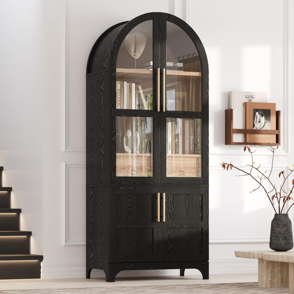 Hassyee Arched Kitchen Pantry Cabinet with Door Shelves, Farmhouse Kitchen Storage Cabinet with Open & Adjustable Shelves, Hidden Drawer & Glass Door, Cupboard for Kitchen, Dining Room (Black)