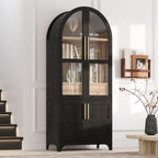 Hassyee Arched Kitchen Pantry Cabinet with Door Shelves, Farmhouse Kitchen Storage Cabinet with Open & Adjustable Shelves, Hidden Drawer & Glass Door, Cupboard for Kitchen, Dining Room (Black)