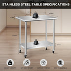 Stainless Steel Table with Wheels, Stainless Table for Prep & Work, 30 x 18 x 35Inch Commercial NSF Steel Metal Table for Restaurant Kitchen Hotel Garage