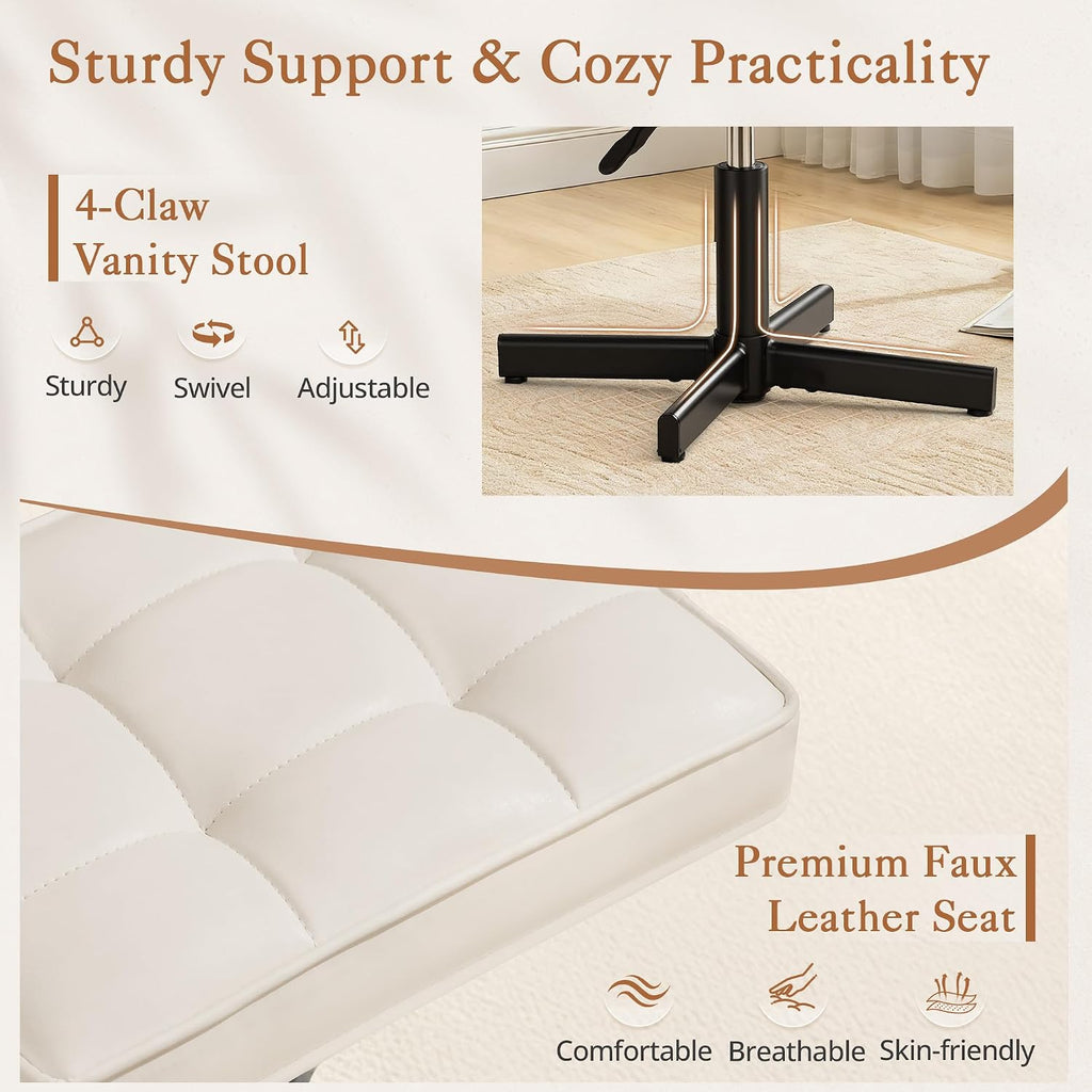 LUE BONA Adjustable Vanity Stool, 15''-19.5'' Foot Rest Under Desk, 360° Swivel Vanity Chair for Makeup Room, Cream Upholstered Faux Leather Ottoman for Bathroom & Living Room, 300lbs