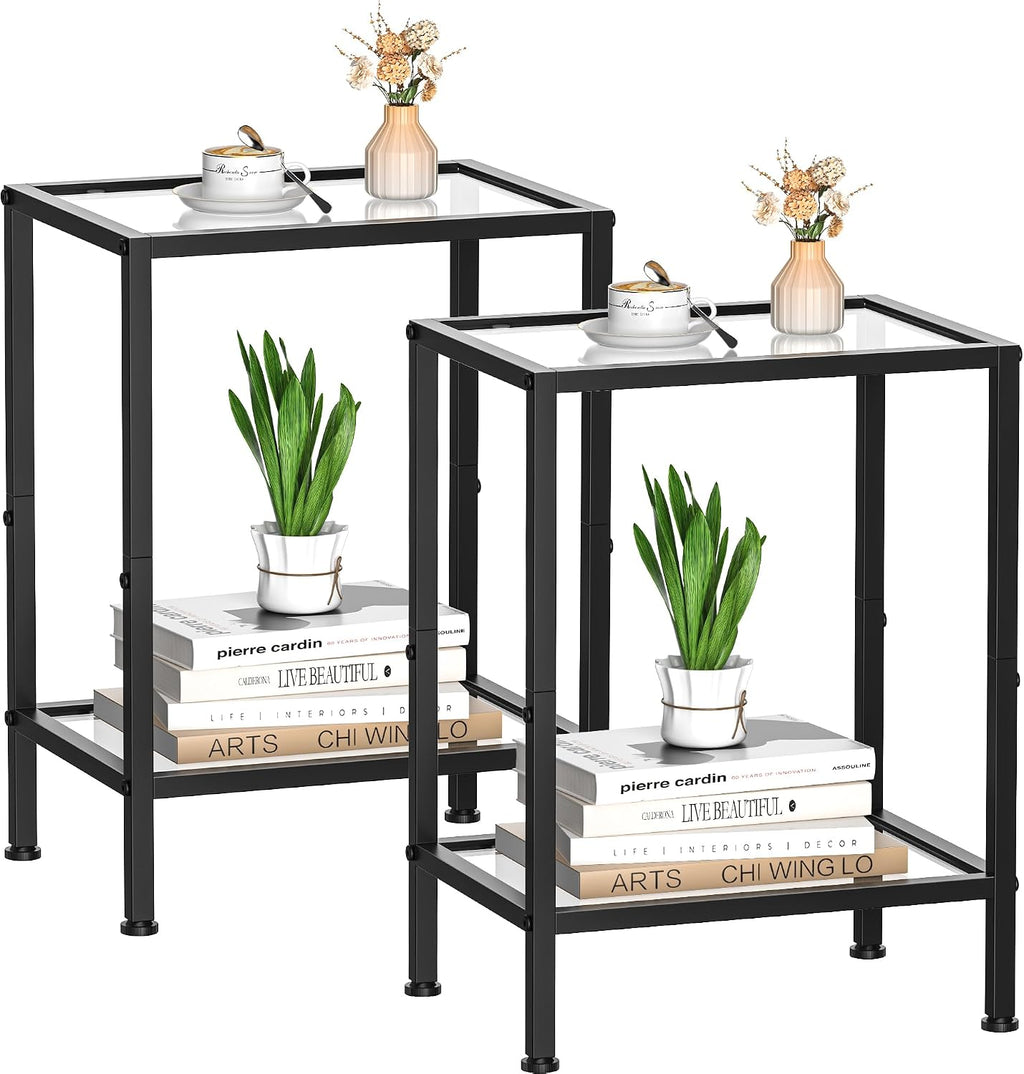 Side Tables Set of 2,Tempered Glass End Tables, 2-Tier Nightstands with Open Shelves, Small Coffee Table with Modern Style, Accent Table Small Table Sofa Table for Living Room, Bedroom, Black