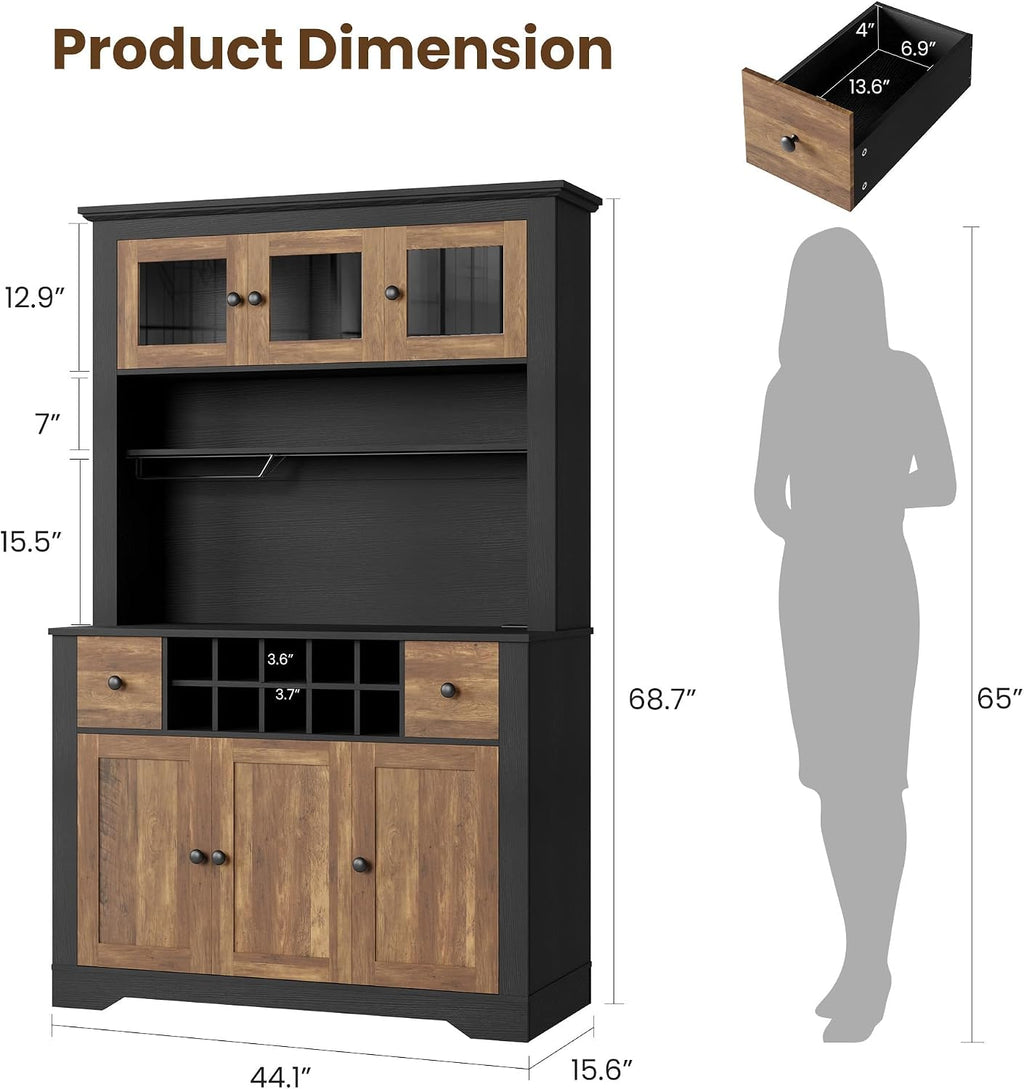GAOMON 69" Pantry Cabinet with LED Light & Charging Station, Kitchen Pantry Storage Cabinet with Drawer & Adjustable Shelves, Coffee Bar Table for Kitchen Room, Living Room, Dining Room, Black