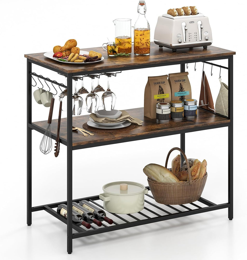 Giantex Kitchen Baker Rack with 3 Tier Storage Shelves, 10 Hooks, Glass Holder, 40" Stationary Island with Spacious Worktop, Industrial Kitchen Shelf, Metal Frame, Easy Assembly (Rustic Brown & Black)