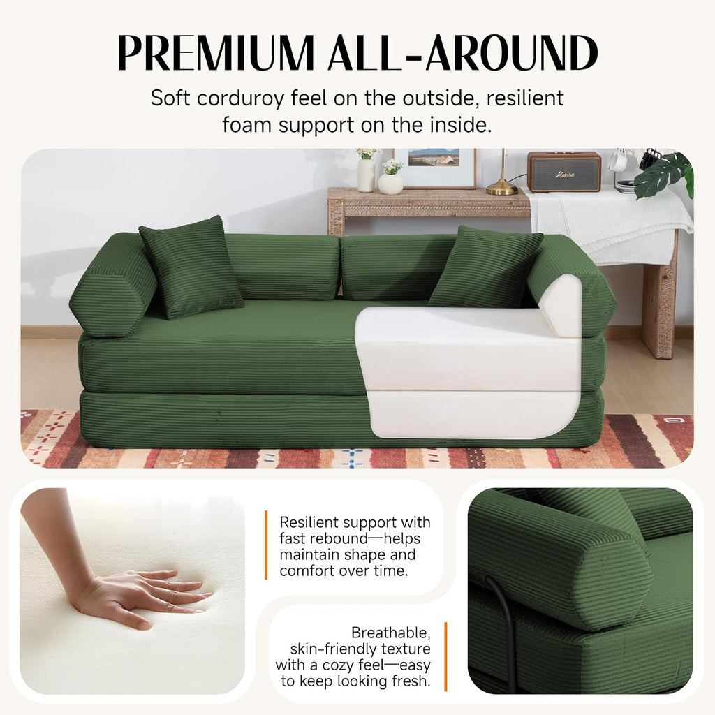 79" Corduroy Sofa Bed, Couch in a Box with 2 Pillows, High-Density Foam 4-in-1 Foldable Sleeper Futon Loveseat for Small Spaces, No Assembly, Side Pockets, Hex Arm Hunter Green