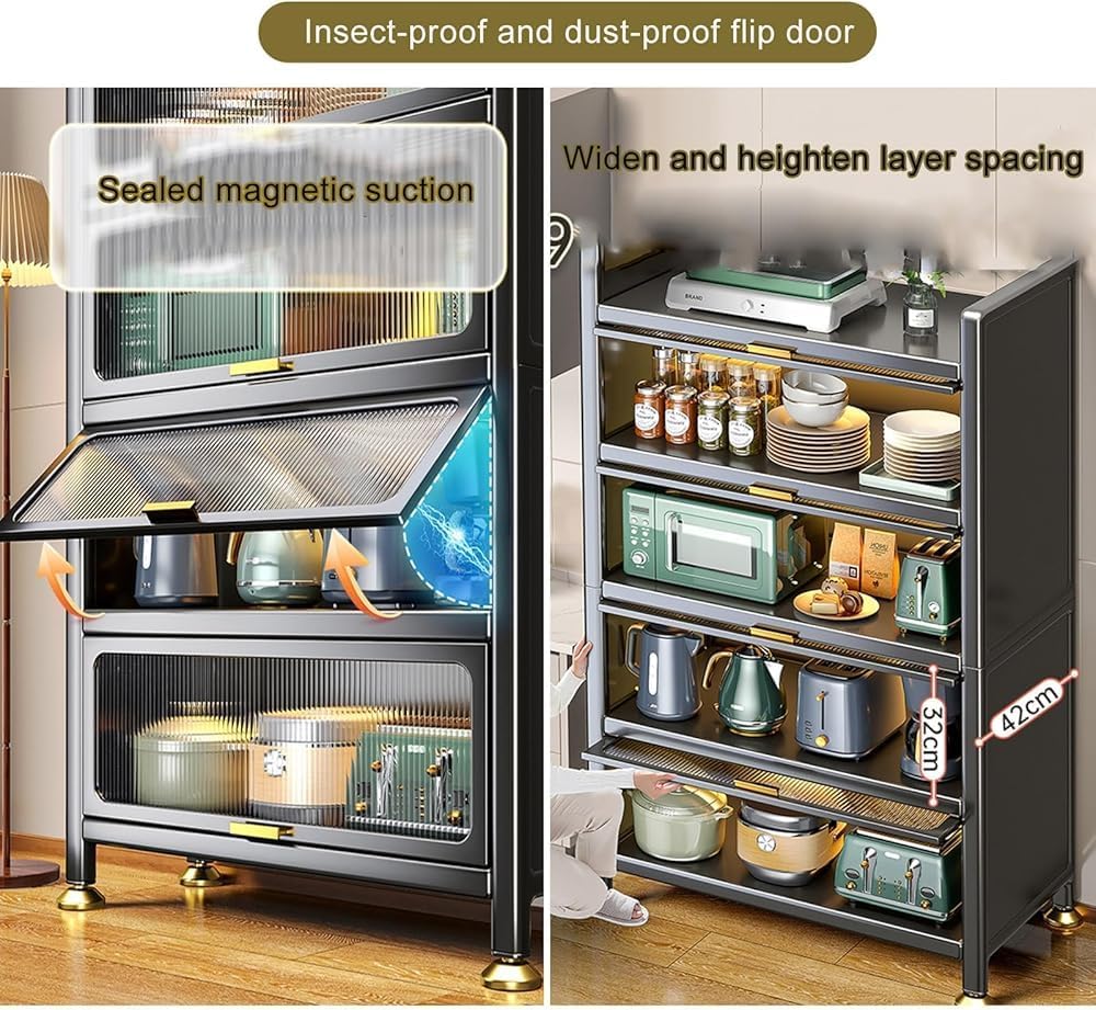 Modern 3-Tier Microwave Rack with Flip Door & Metal Storage - Stylish Kitchen Organizer & Sideboard for Living Room, Office & More (100cm, Versatile Design)