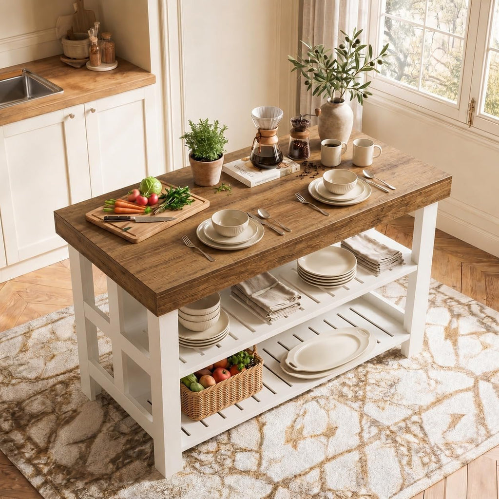 Tribesigns 55.1-Inch Kitchen Island with Seating and Storage, 3-Tier Large Farmhouse Island Table with Large Countertop and Leg Room for Kitchen Dining Room (Brown and White)