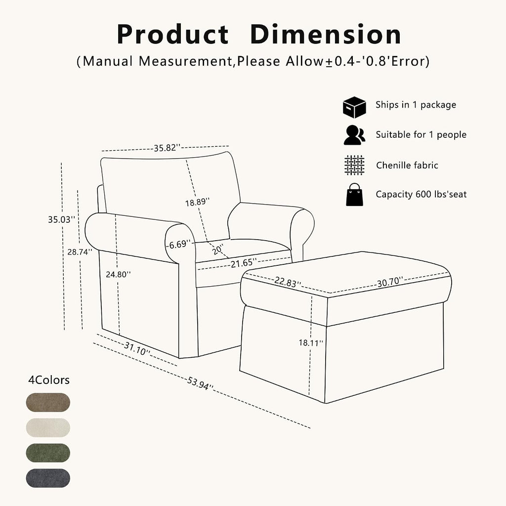 35.82" Oversized Accent Chair with Ottoman, Chenille Armchair, Gray | Accent Chair with Ottoman Set; Deep seat for relaxing; soft chenille; comfy back support; footrest ottoman; living room