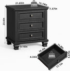 SAVOR LIFE 3-Drawer Nightstand Set of 2 with Solid Wood Legs, Black | Pair of three-drawer bedside tables with sturdy square wood legs for matching bedroom storage or living-room end tables