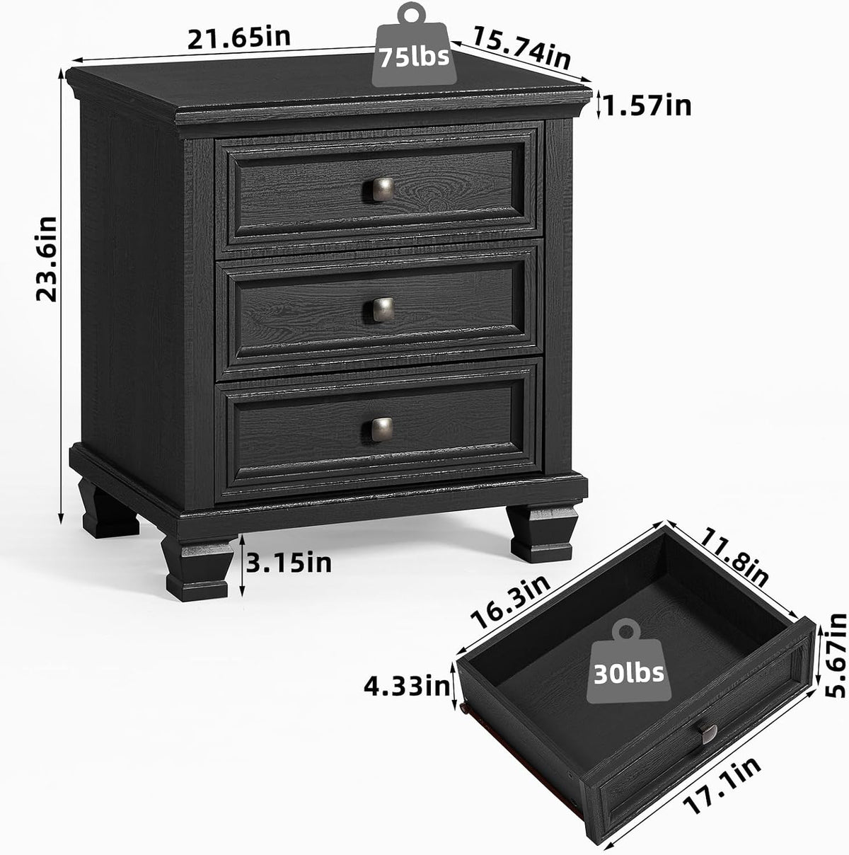 SAVOR LIFE 3-Drawer Nightstand Set of 2 with Solid Wood Legs, Black | Pair of three-drawer bedside tables with sturdy square wood legs for matching bedroom storage or living-room end tables