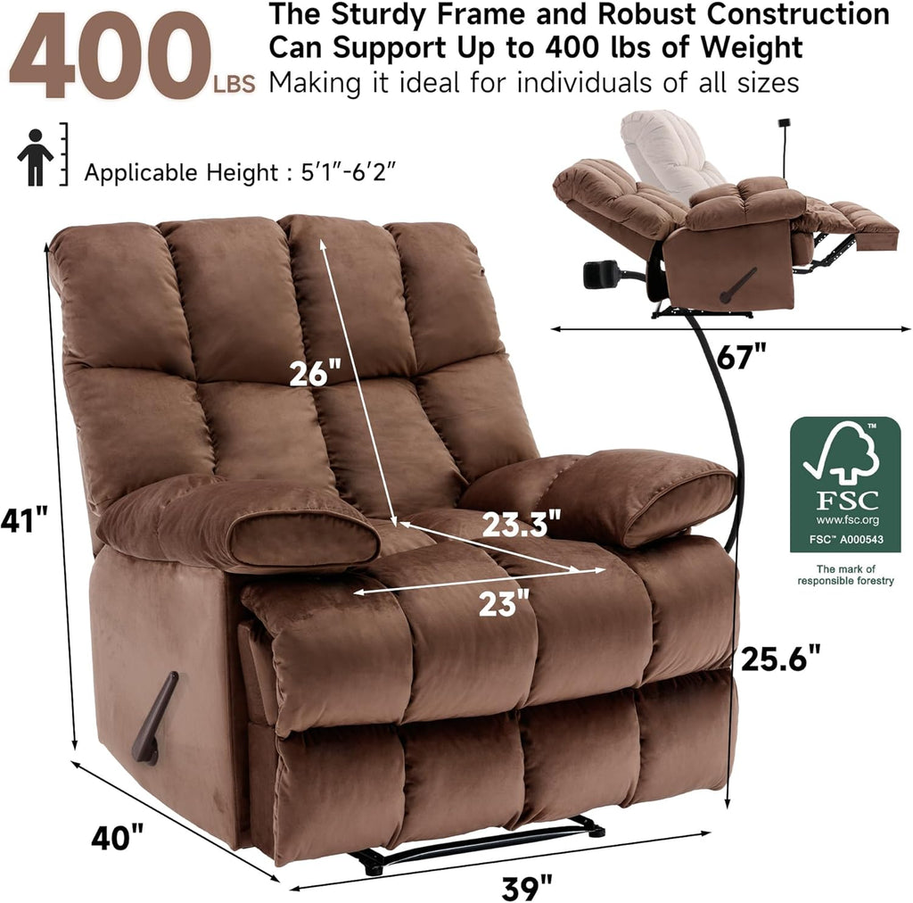 Euthymia Oversized Recliner Chair, Large Recliner Chair Chairs for Adults 400LBS, Big and Tall Manual Fabric Heavy Duty Recliner Chair, Extra Wide Recliners for Living Room, Brown