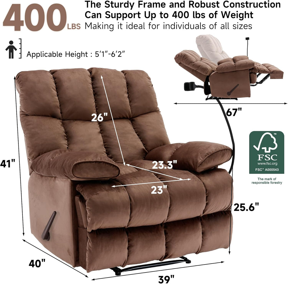 Euthymia Oversized Recliner Chair, Large Recliner Chair Chairs for Adults 400LBS, Big and Tall Manual Fabric Heavy Duty Recliner Chair, Extra Wide Recliners for Living Room, Brown