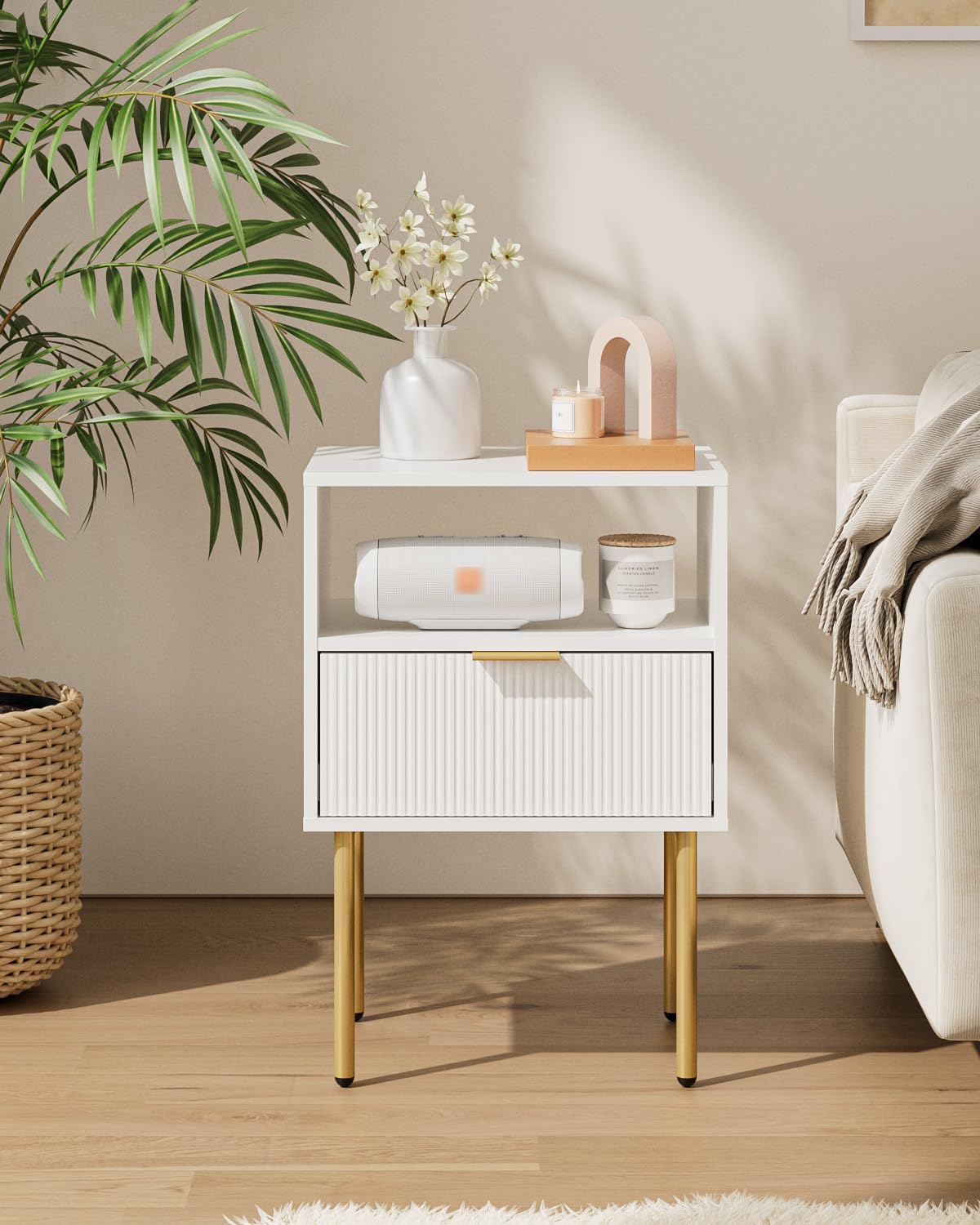 Aienvey Night Stand, Modern Nightstand with Drawers, Bedside Table, Gold Small Side Table for Bedroom, Living Room End Table (White Stripe, 1 Drawer)