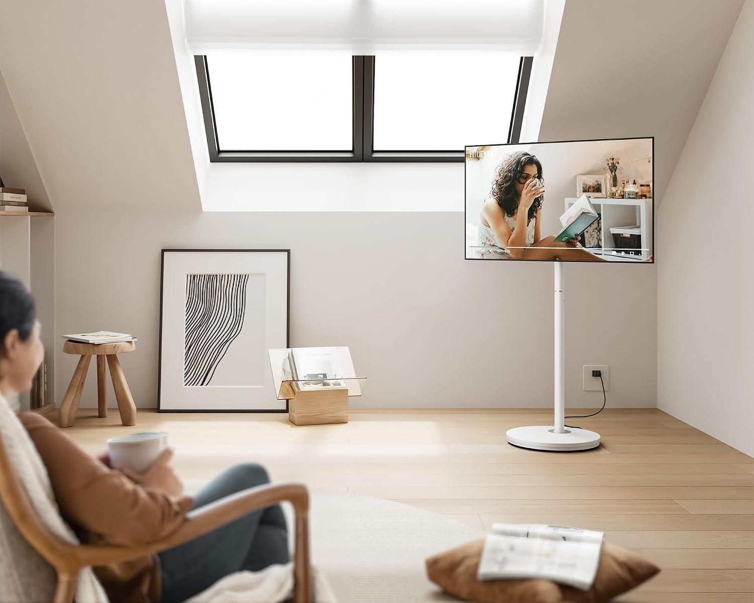 FITUEYES Small Rolling TV Cart for 24-48 Inch TVs, Height Adjustable, White | Minimalist Modern TV Floor Stand on Wheels, Fits Max VESA 200x200mm, Portable Smart Television Cart for Study, Master Series