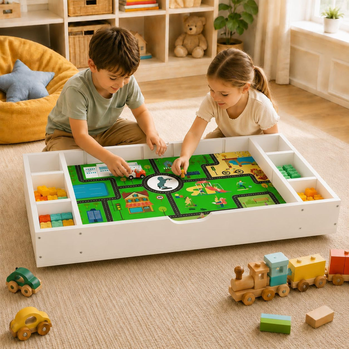Kids Building Block Table, 3-in-1 Whiteboard Road Map with Storage | Kids Activity Table With 11 Detachable Storage Partitions, Removable Wheels And Low-Profile Under-Bed Or Sofa Design