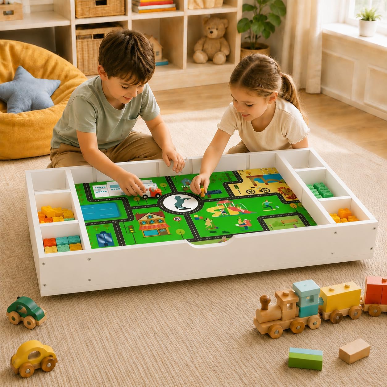 Kids Activity Table, 3-in-1 Block Table with Whiteboard and Storage | 3-in-1 Block, Whiteboard And Road Map Table With 11 Storage Dividers, Removable Wheels And 5.7-Inch Low Profile