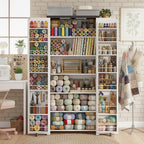 Furnaza Farmhouse 72" H Kitchen Pantry Cabinet with Adjustable Shelves | LED Craft Storage Cabinet Cabinet with 2 Barn Doors for Craft Room,Dining Room,Living Room,Home Office,16"D x 30"W