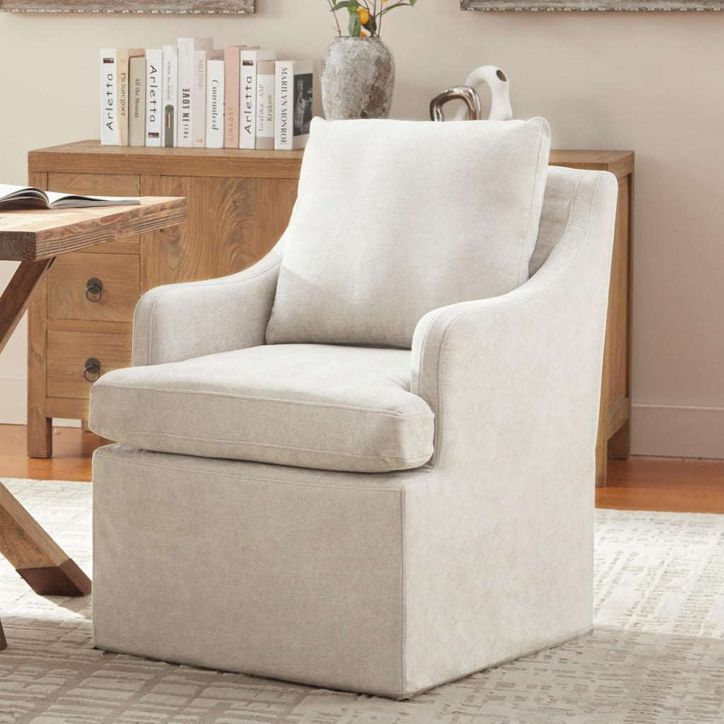 VKNOW Upholstered Dining Chairs, Modern Kitchen Chairs Dinner Chairs with 4 Casters, Chenille Armchair for Bedroom Reading Room Living Room, Beige