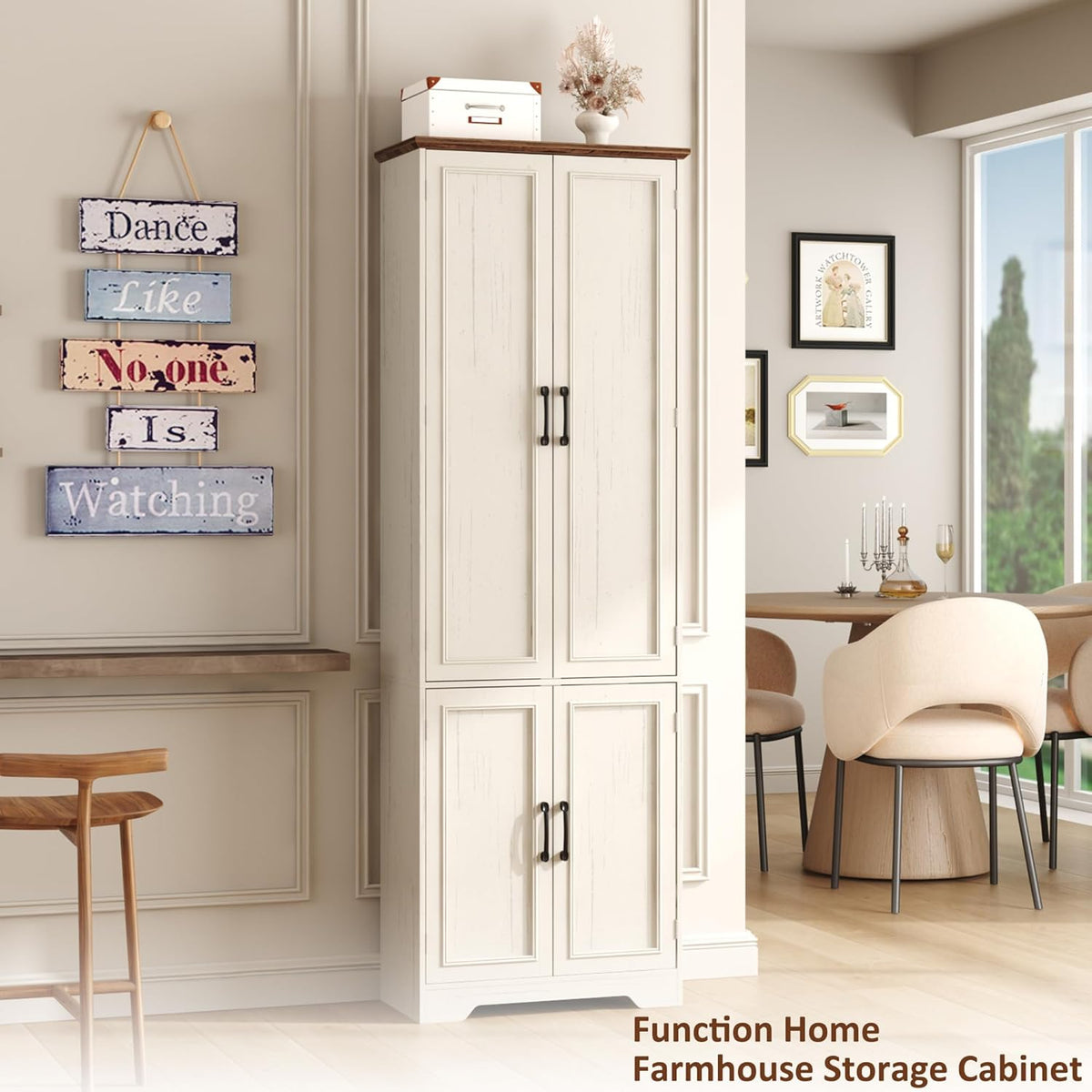 Function Home Farmhouse Kitchen Pantry Cabinet, 72" Tall Storage Cabinet with Doors and Adjustable Shelves, 6 Tier Freestanding Cupboard for Dining Room Living Room Bathroom, Antique White & Brown Top