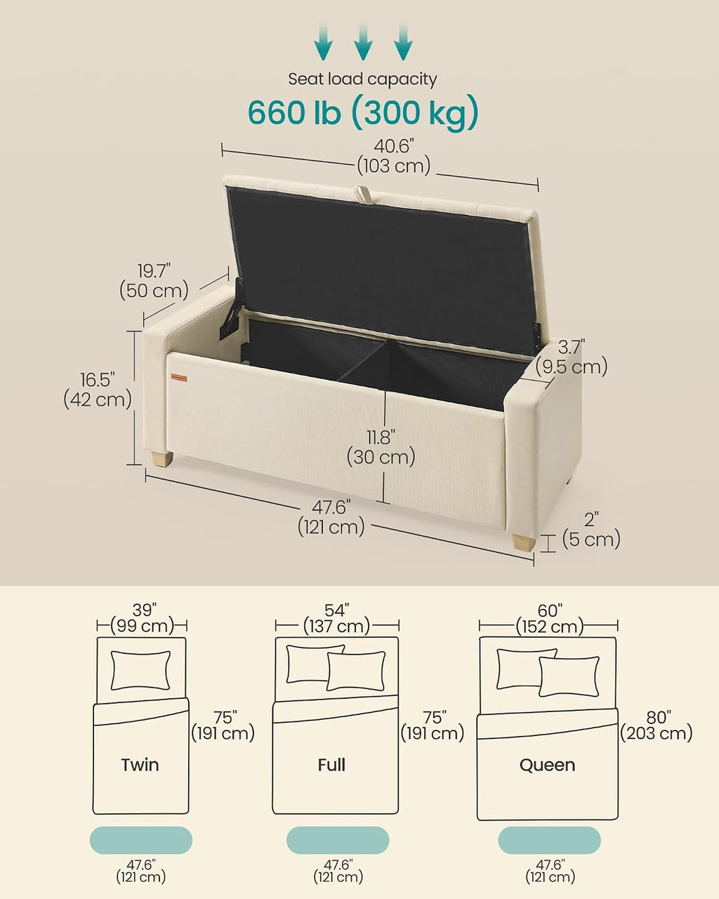 SONGMICS Storage Ottoman, 48 Inches Long Bed End Stool, Solid Wood Legs | Buttons Decoration, Non-Slip Foot Pads, 661.4 lb Load Capacity, Summer Sand, MACEO Collection ULOM511LF01